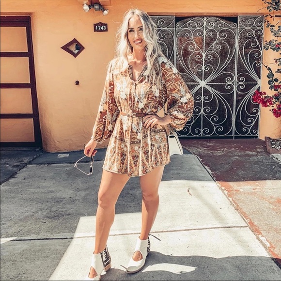 Long Sleeve Boho Floral Gypsy Print Dress Yellow - Picture 3 of 10